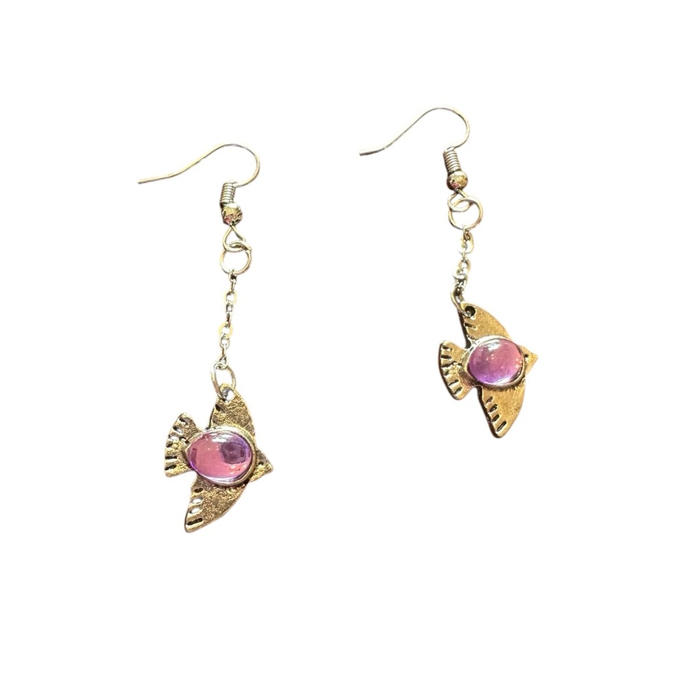 Silver Bird Drop Earrings with Light Purple Gemstone